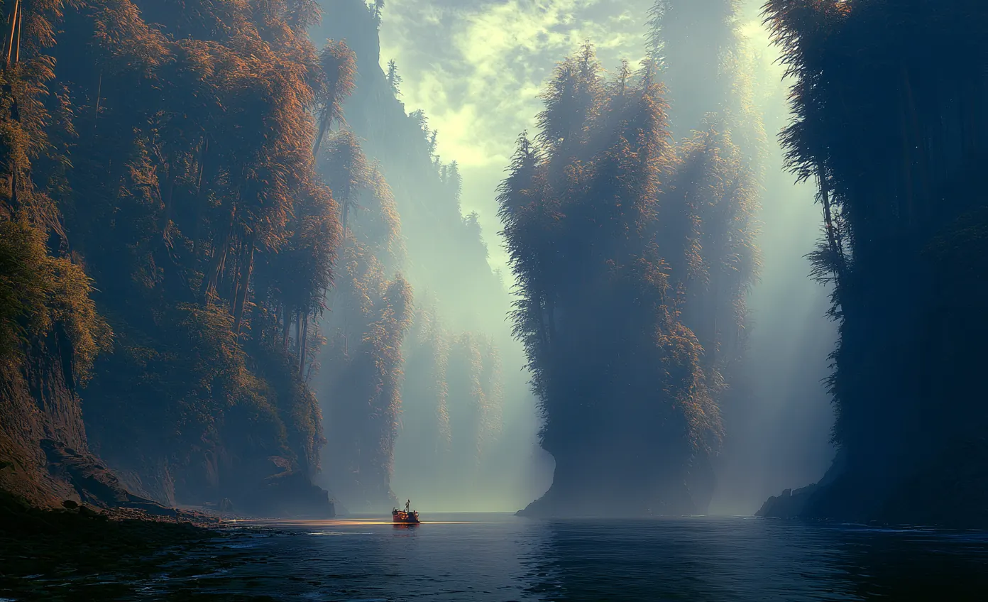 Painterly dawn scene: a small boat carrying a lone figure drifts across calm water through a narrow passage between towering, mist-shrouded forested cliffs.