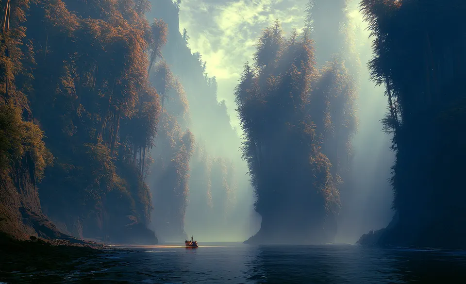 Painterly dawn scene: a small boat carrying a lone figure drifts across calm water through a narrow passage between towering, mist-shrouded forested cliffs.