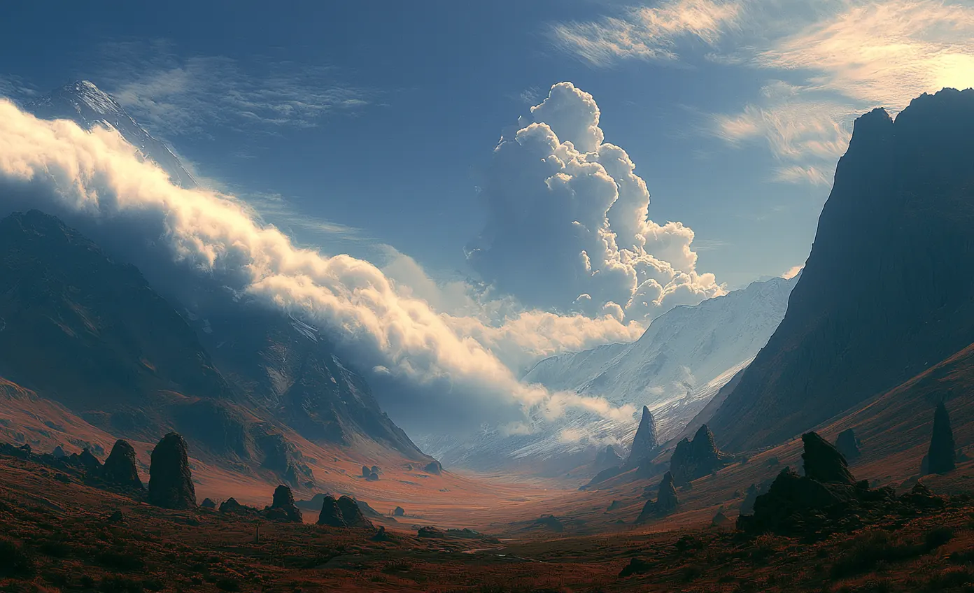 Painterly landscape of a wide autumn valley framed by steep mountains, with a vast storm cloud towering over the pass in the distance and dark rock spires in the foreground.
