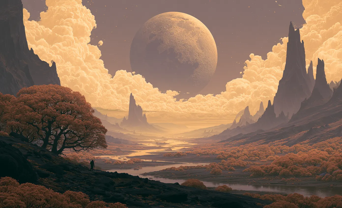 Painterly dusk landscape: an enormous moon rising over jagged rock spires and an autumn-orange valley, with a lone figure on a path in the foreground.