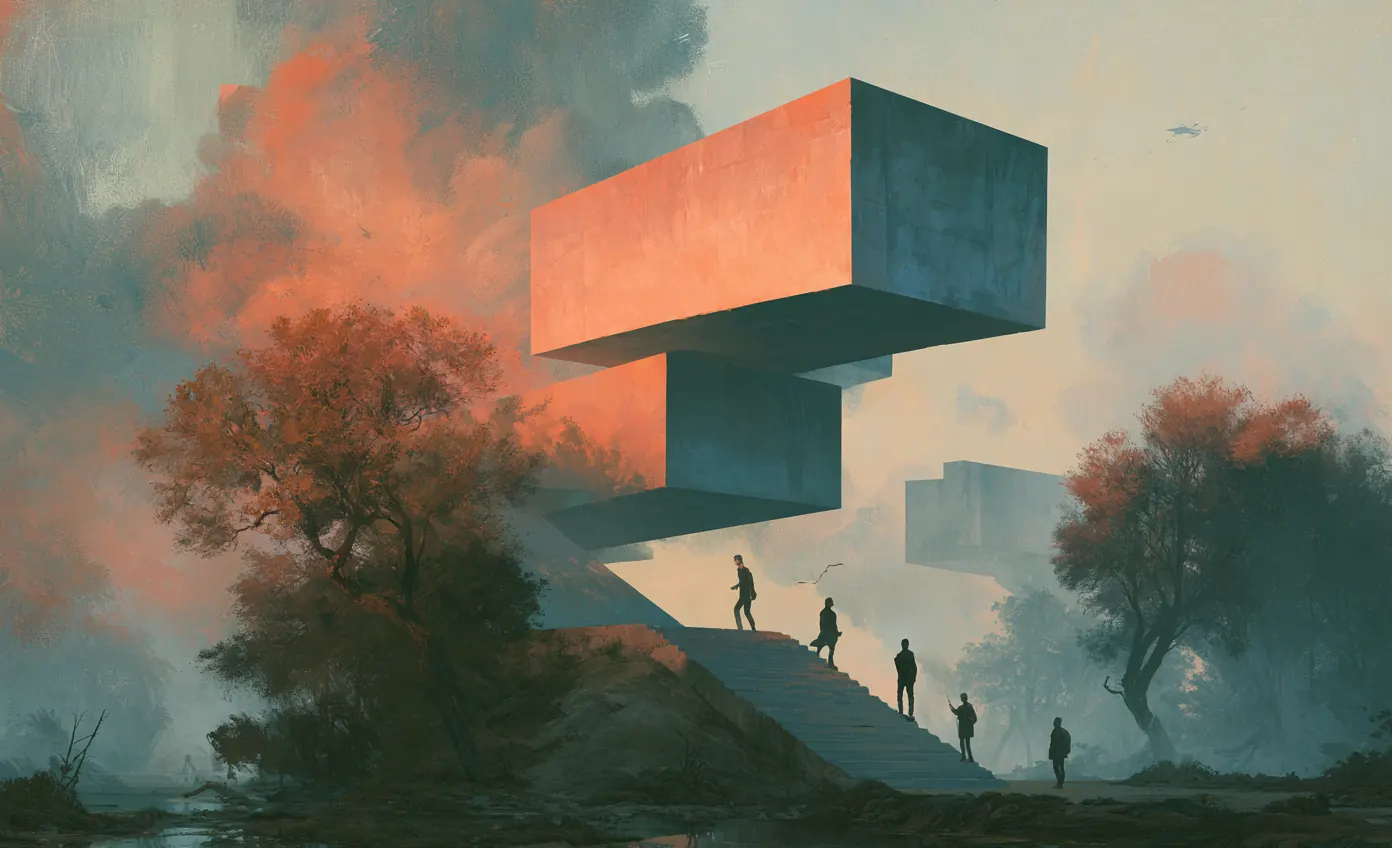 Painterly dusk scene of people climbing a hillside path toward a monumental cantilevered modern structure.