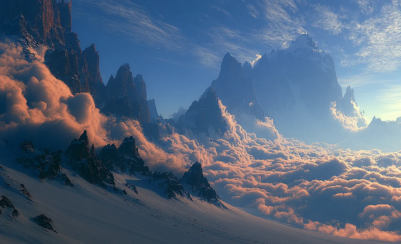 Painterly dawn scene: jagged snow-dusted mountain peaks rising above a glowing sea of orange-lit clouds, with a snowy slope descending in the foreground.