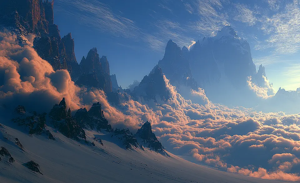 Painterly dawn scene: jagged snow-dusted mountain peaks rising above a glowing sea of orange-lit clouds, with a snowy slope descending in the foreground.