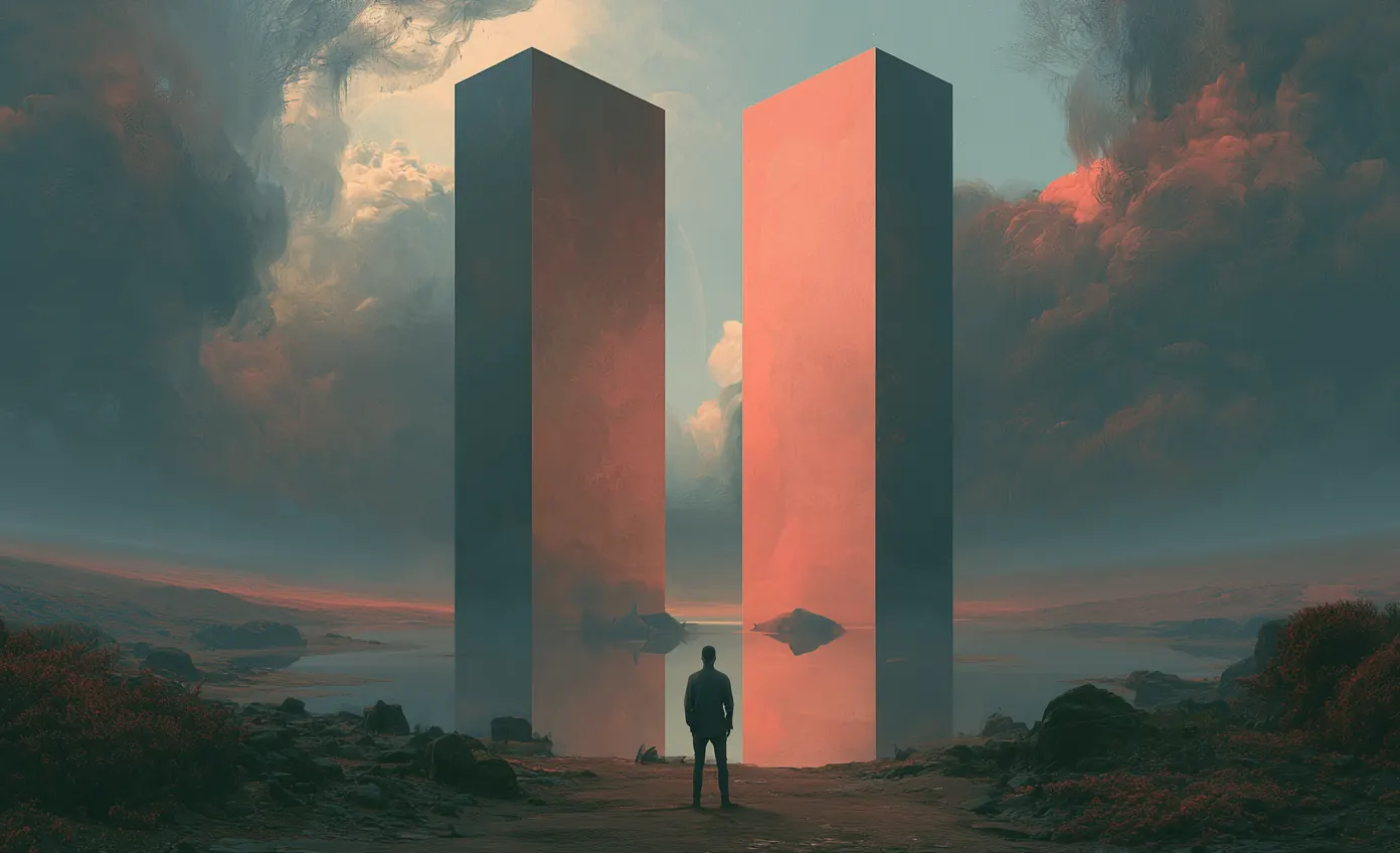 Painterly dusk scene: a lone figure stands between two enormous monolithic towers rising from a rocky valley under an orange-and-grey sky.